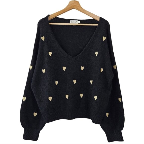 Molly Bracken Wool Blend Black Metallic Gold Heart Sweater - Picture 2 of 8